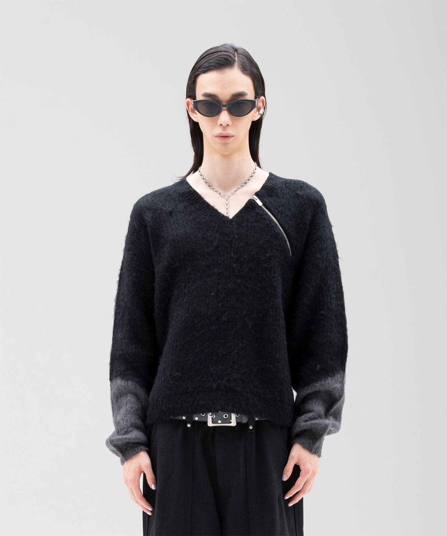 Zip Shaggy V-neck Knit