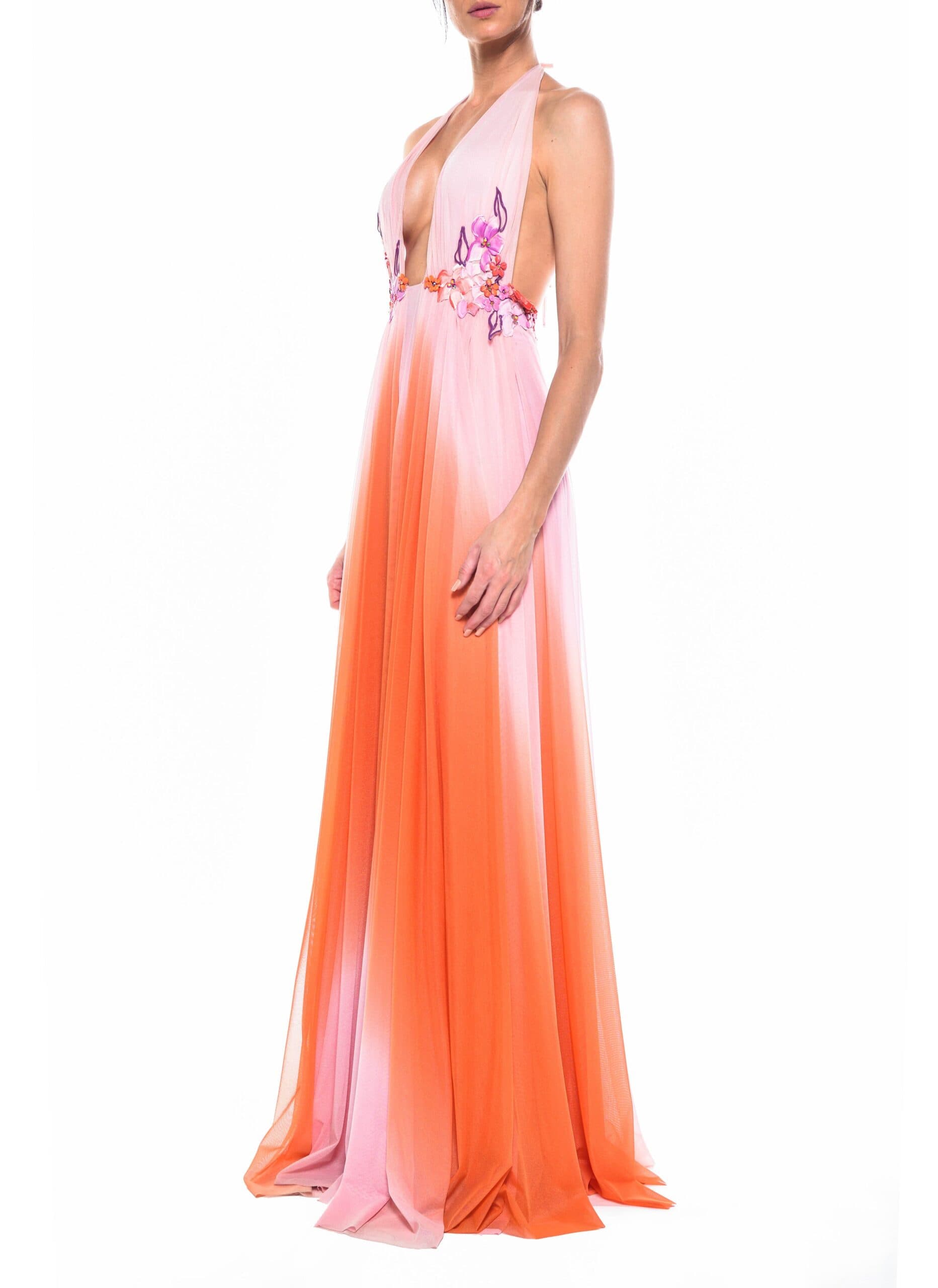 Floor Length V Neck Open Back Gown 2