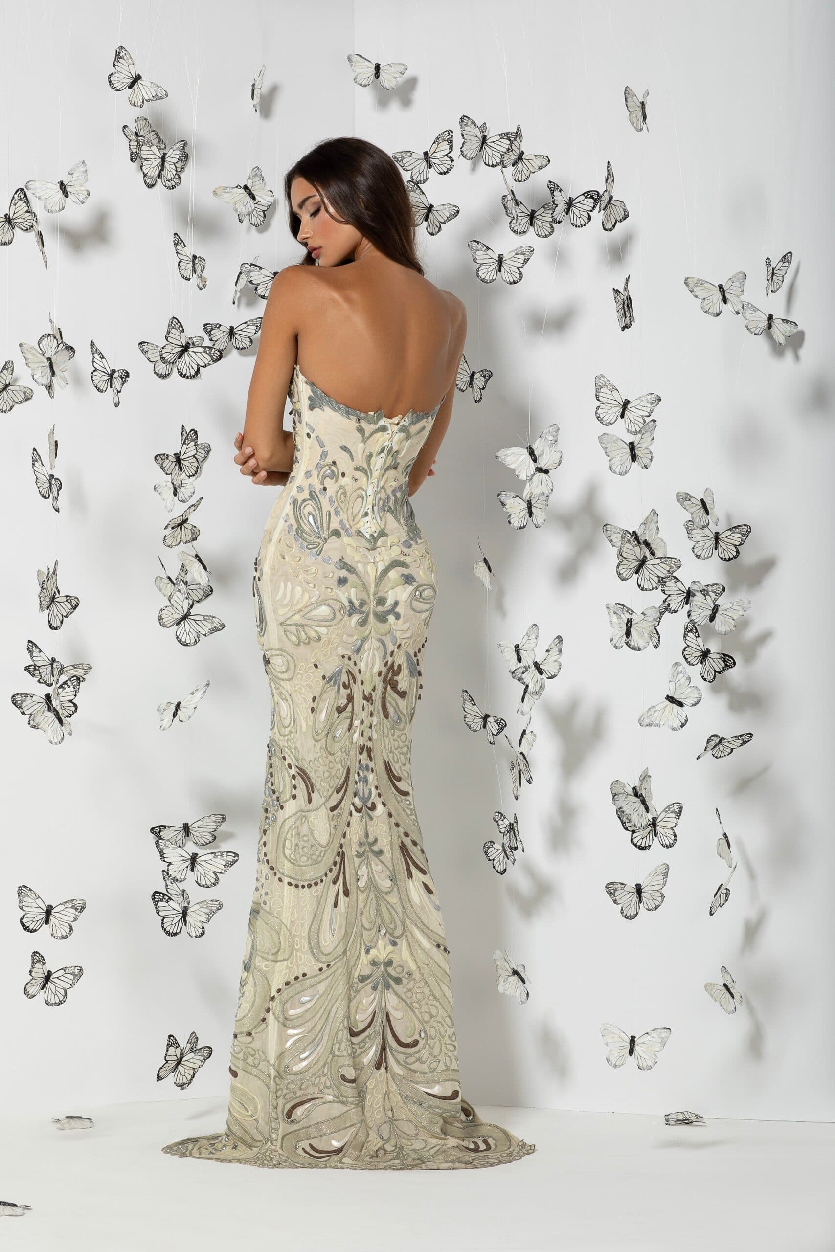 Floor Length Strapless Corset Zip Back Gown 3
