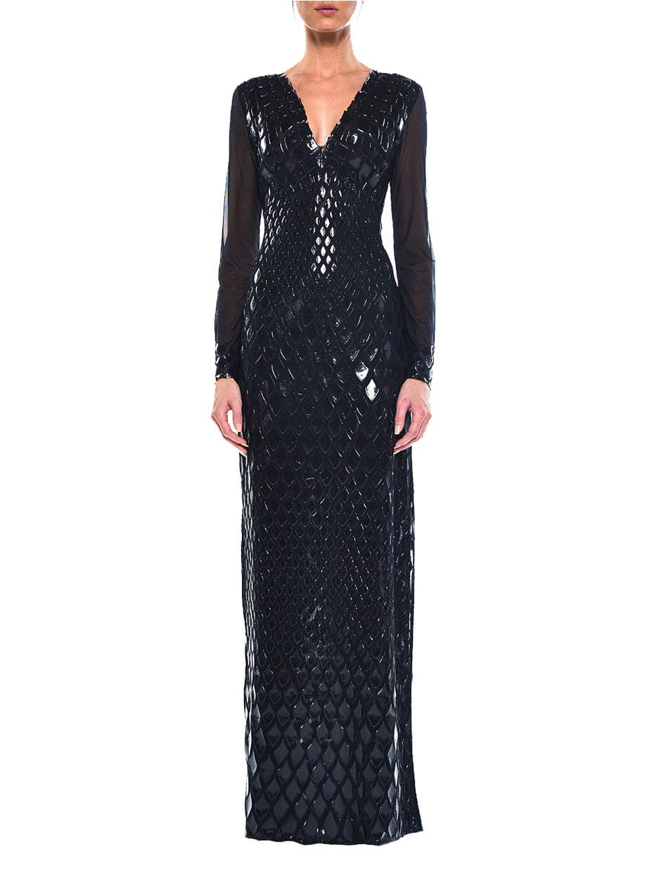 Floor Length V Front & Back Long Sleeve Gown