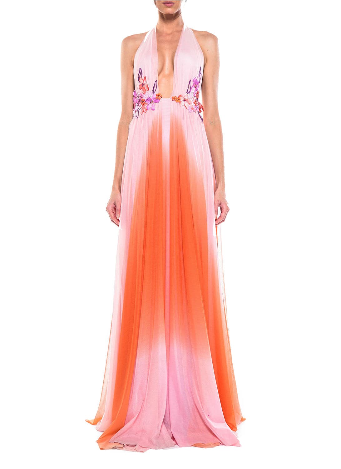 Floor Length V Neck Open Back Gown